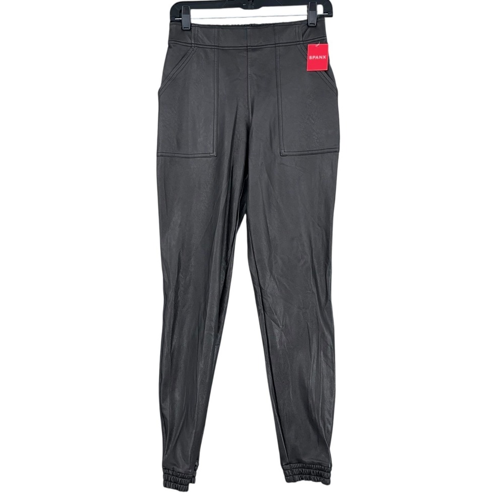 SPANX Leather Like Jogger Pants Noir Black Faux Leather Elastic Waist Size Small
